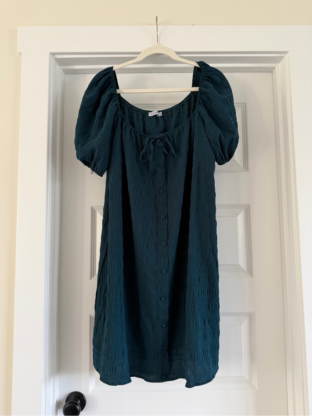 Teal Puff-Sleeve Button-Front Dress